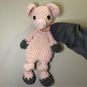 Handcrafted crochet pig knotted snuggler lovey